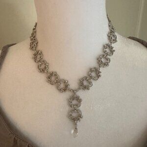 Silver Crystals and Bead Lavaliere Necklace and Matching Earrings